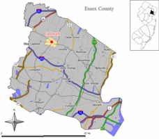 Map of Caldwell in Essex County. Inset: Location of Essex County highlighted in the State of New Jersey.