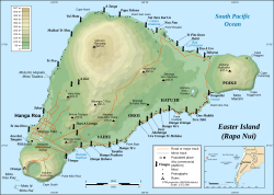 Pulau Paskah, peta yang menunjukkan Hanga Roa, Terevaka, Rano Kau, dan Bandar Udara Internasional Mataveri, serta tempat-tempat wisata utama Orongo, Rano Raraku, Ahu Tongariki dan Anakena.