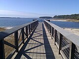 Wooden pier over a beach near a large lake-like reservoir. More of the cost can be seen in the background along with many pine trees.