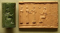 Sumerian cylinder seal and impression, dated c. 2100 BC, of Ḫašḫamer, ensi (governor) of Iškun-Sin c. 2100 BC. The seated figure is probably king Ur-Nammu, bestowing the governorship on Ḫašḫamer, who is led before him by Lamma (protective goddess).[319]