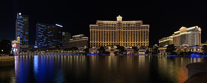 Four-segment panorama of the Cosmopolitan, Bellagio, and Caesars Palace (left to right) from the Las Vegas Strip, across from the Bellagio fountains.