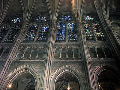 The elevation of the nave, showing the gallery on the ground level; the narrow triforium; and, on top, the windows of the clerestory