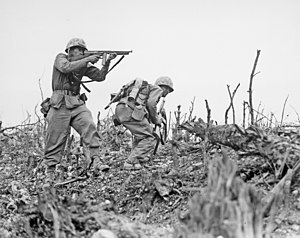 To Marinesoldater fra den 2nd Battalion, 1st Marines under fremrykning på Wana Ridge den 18. maj 1945.