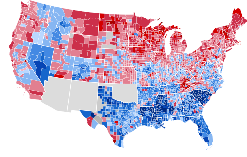 Results by county, shaded according to winning candidate's percentage of the vote