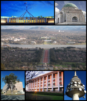 În sens orar: Palatul Parlamentului, Memorialul australian al războiului, vedere a orașului de-a lungul axei parlamentare, Black Mountain Tower, Biblioteca Națională a Australiei și Universitatea Națională Australiană.