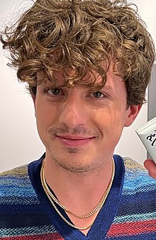 A man with a full front of curly brown hair, closed-mouth smile, and stubble has two chain necklaces and a coloured horizontally striped shirt.