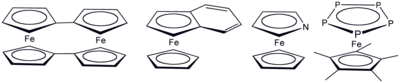 Various ferrocene derivatives where cyclopentadienyl has been replaced by related ligands