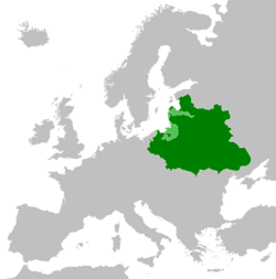 The Polish–Lithuanian Commonwealth (green) with vassal states (light green) at their peak in 1619