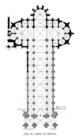 Planta de la iglesia abacial (dibujo de Eugène Lefèvre-Pontalis. Extraído de L'église abbatiale de Chaalis (Oise), Caen, Henri Delesques Imprimeur-éditeur, 1903)