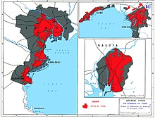 Color map of three different urban areas. The urban areas are marked in grey, with red areas being super-imposed over this to show the portion of the city destroyed by bombing.