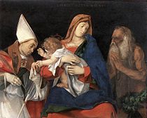 Madonna, Kind en heiliges deur Lorenzo Lotto. c. 1508