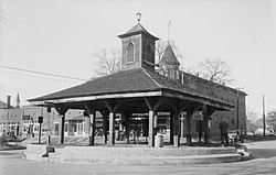 Black-and-white photo of large gazebo