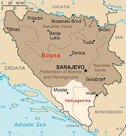 Approximate borders between two modern-day regions of Bosnia and Herzegovina – Bosnia (marked dark brown) and Herzegovina (marked light brown)