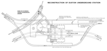 diagram of station layout below ground showing the six crossing tunnels of the three lines passing through Euston station