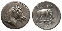 Tetradrachm of Seleucus I – the horned horse, the elephant and the anchor all served as symbols of the Seleucid monarchy.[1][2] of Seleucid Empire