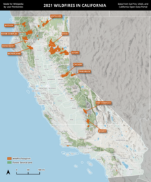 A map of wildfires in California in 2021, using Cal Fire data