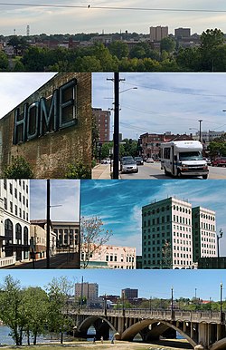 Worsham Street overlook, Main & Ridge St. intersection, Masonic building (River City Towers), Martin Luther King Jr. Memorial Bridge, municipal building from Union Street, repurposed Dan River Fabrics "Home" sign.(Clockwise from the top)