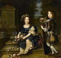 Two children in a garden, on stairs. The little girl, wearing a long blue and white dress and flowers in her hair, is sitting on the stairs while the boy stands next to her, half-turned towards his siser and half to the viewer. He is wearing gilded armor and blue and white clothing underneath.