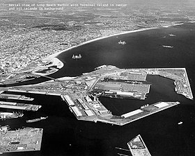 Piers F and J and the THUMS Islands, circa 1965-1971. The RMS Queen Mary is shown moored.