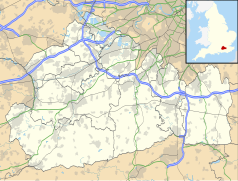 Mapa konturowa Surrey, blisko centrum na prawo znajduje się punkt z opisem „Burgh Heath”