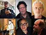 Quelques compositeurs du courant minimaliste (de gauche à droite) : Steve Reich, Philip Glass, John Adams, Terry Riley, Michael Nyman, et Arvo Pärt.