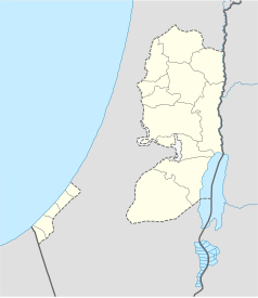 Mapa konturowa Palestyny, blisko centrum na prawo znajduje się punkt z opisem „Uniwersytet w Bir Zajt”