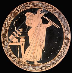 Suonatore di aulos, tondo di una kylix a figure rosse, circa 490 a.C. Parigi, Museo del Louvre