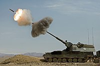 A Dutch howitzer firing in Afghanistan in 2009, as part of Task Force Uruzgan