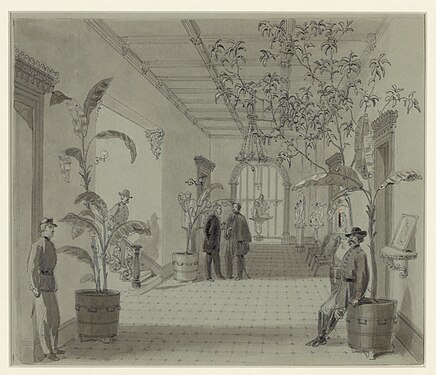 Entrance Hall of Mr Chas. Green's house, Savannah Ga, now occupied as Head Quarters by Gen Sherman" by William Waud (restored and nominated by Adam Cuerden)