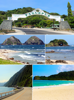 From top to bottom right: Welcome arch passing through Pan-Philippine Highway, Dos Hermanos islands, Bantay Abot cave, Patapat Viaduct overlooking Pasaleng Bay, and Blue Lagoon