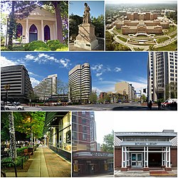 From top: Bethesda Meeting House, Bethesda's Madonna of the Trail statue, the National Institutes of Health, downtown Bethesda near the Bethesda Metro station, Bethesda Avenue at night, Bethesda Theatre, and the Connie Morella Library.