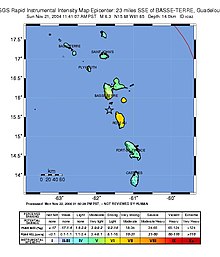 震央附近地區的地圖，顯示地震的烈度