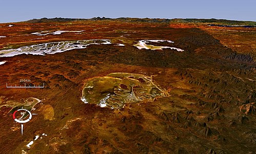 Oblique Landsat image of Lake Acraman draped over digital elevation model (10x vertical exaggeration), looking east towards the Flinders Ranges where ejecta has been found; screen capture from NASA World Wind.