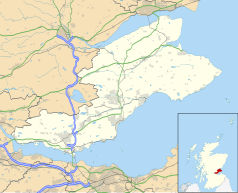 Mapa konturowa Fife, u góry po prawej znajduje się punkt z opisem „University of St Andrews”