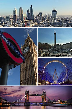 מלמעלה בכיוון השעון: הסיטי של לונדון בחזית על רקע קנרי וורף, כיכר טרפלגר, לונדון איי, גשר מצודת לונדון, ולוח ה-Underground, ליד מגדל אליזבת, עליו הביג בן