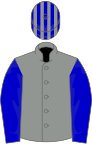 Grey, royal blue sash, sleeves and cap