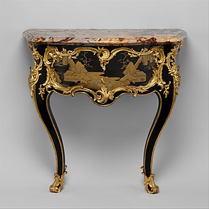 Rococo C and S-shaped volutes on a side table (commode en console), by Bernard II van Risamburgh, c.1755-1760, Japanese lacquer, gilt-bronze mounts and Sarrancolin marble top, Metropolitan Museum of Art