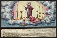 Folio 172. St. John's vision of Christ and the seven candlesticks (Revelation 1:12–18)