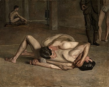 A painting of a pair of nearly naked men engaged in a wrestling match.