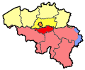 Image 26Map showing the division of Brabant into Flemish Brabant (yellow), Walloon Brabant (red) and the Brussels-Capital Region (orange) in 1995 (from History of Belgium)