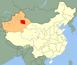 Turpan (punaisella) Xinjiangissa (oranssilla)