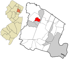 Location of Caldwell in Essex County highlighted in red (right). Inset map: Location of Essex County in New Jersey highlighted in orange (left).