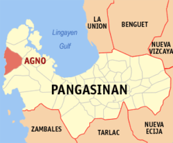 Mapa ng Pangasinan na nagpapakita sa lokasyon ng Agno.