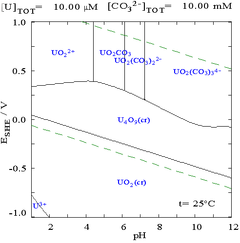 A graph of potential vs. pH showing stability regions of various uranium compounds