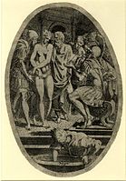 Soldiers bringing Timoclea, naked, before Alexander the Great, enthroned in the foreground; c.1541/45. After Primaticcio, height 341 mm (trimmed), width: 231 mm. Signed "Bologna L.D."