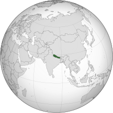 Bản đồ địa cầu với Nepal nằm chính giữa.