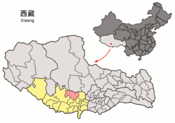 Location of Xaitongmoin County (red) within Xigazê City (yellow) and the Tibet AR
