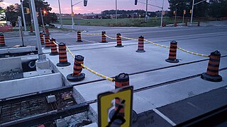 LRT tracks laid at Sandstone Drive / Brunel Road in August 2023