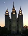 Salt Lake Temple, eastern side, at dusk with crescent moon.