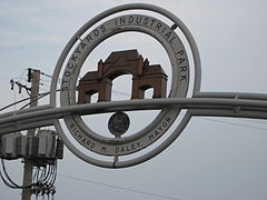 Detail of the gate of the Stockyard Industrial Park, featuring a miniature of The Gate is on W 43rd ST at S Ashland AVE.